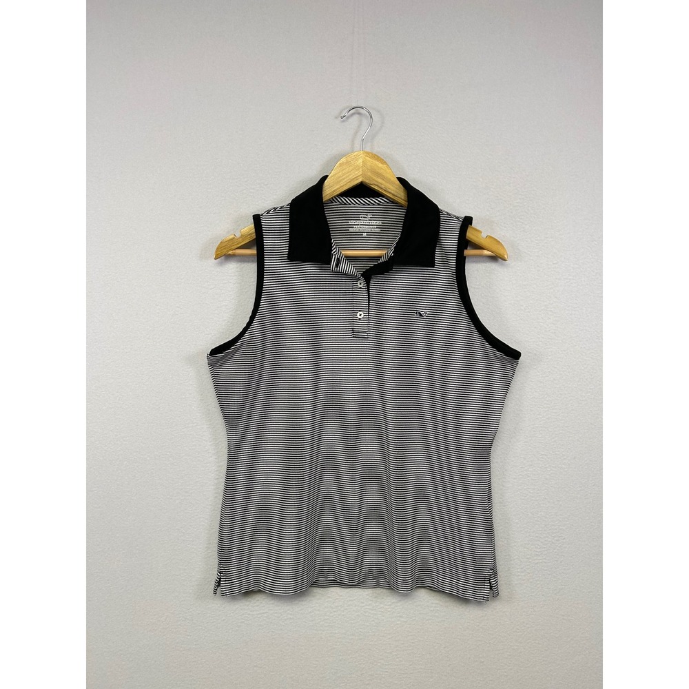 Preppy Vineyard Vines Womens Med Black White Striped Sleeveless Performance Polo